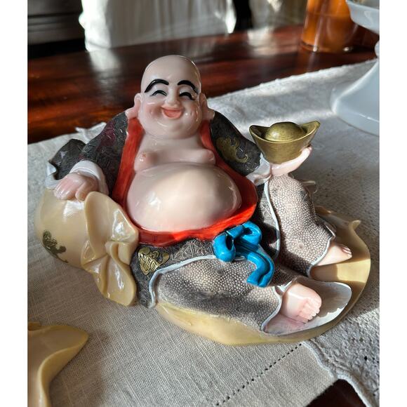 2 Laughing Buddha statues set of two resin hand painted pair decor figurines - Picture 6 of 16